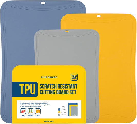 Blue Ginkgo TPU Cutting Mats [Set of 3] – Korean-Made Flexible, Knife-Friendly, Durable Kitchen Cutting Boards (Dark Gray, Gray, Blue)