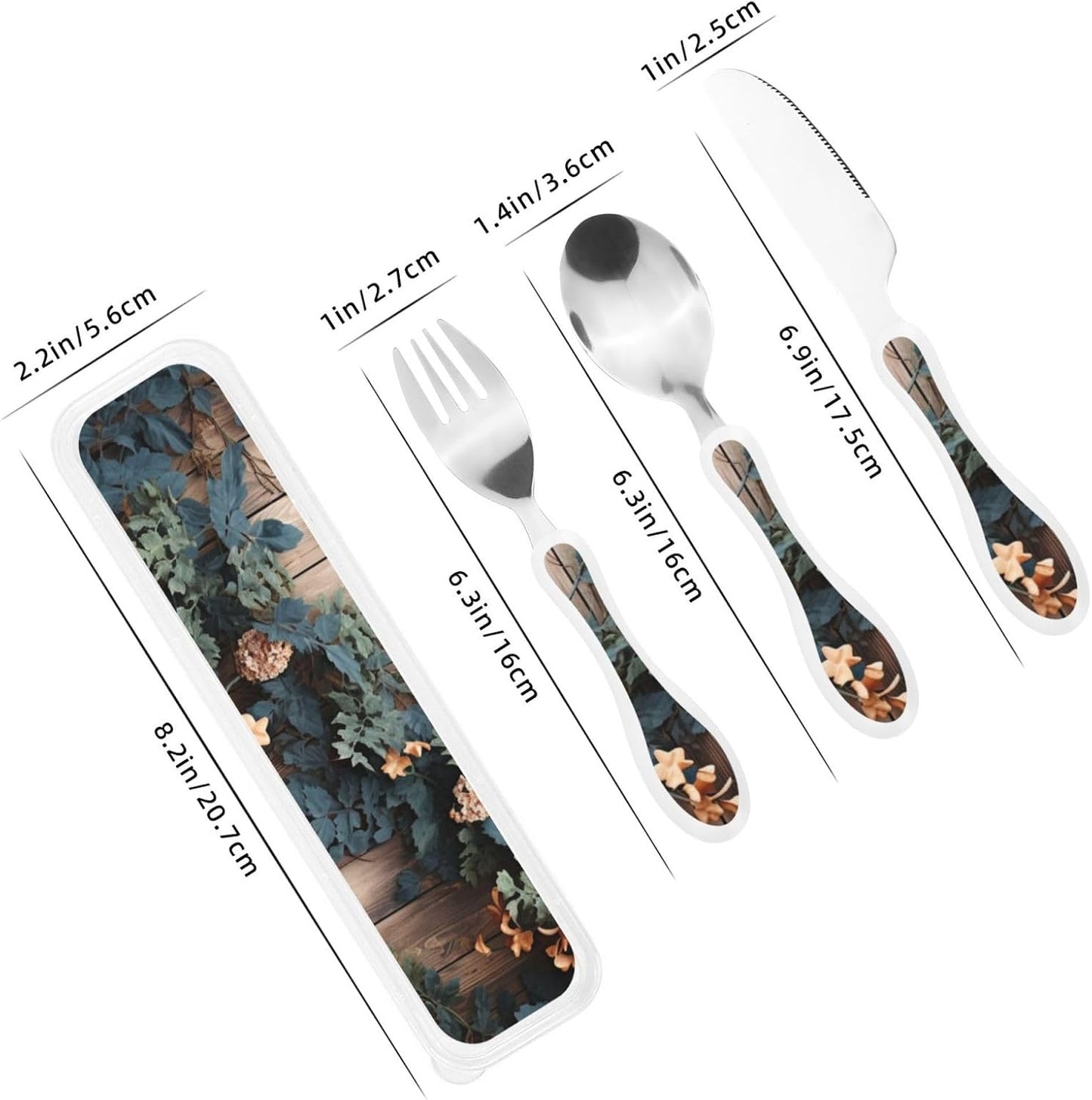 3-Piece Kids Silverware Set With Storage Case, Stainless Steel Reusable Children Safe Knife Spoon Fork Set Leaves Floral On Rustic Wood Children Flatware Set For Kids Lunch Box