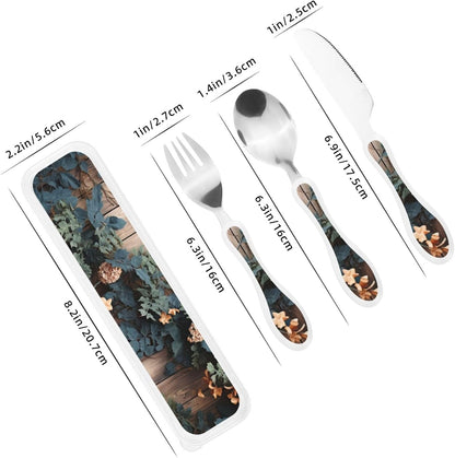3-Piece Kids Silverware Set With Storage Case, Stainless Steel Reusable Children Safe Knife Spoon Fork Set Leaves Floral On Rustic Wood Children Flatware Set For Kids Lunch Box