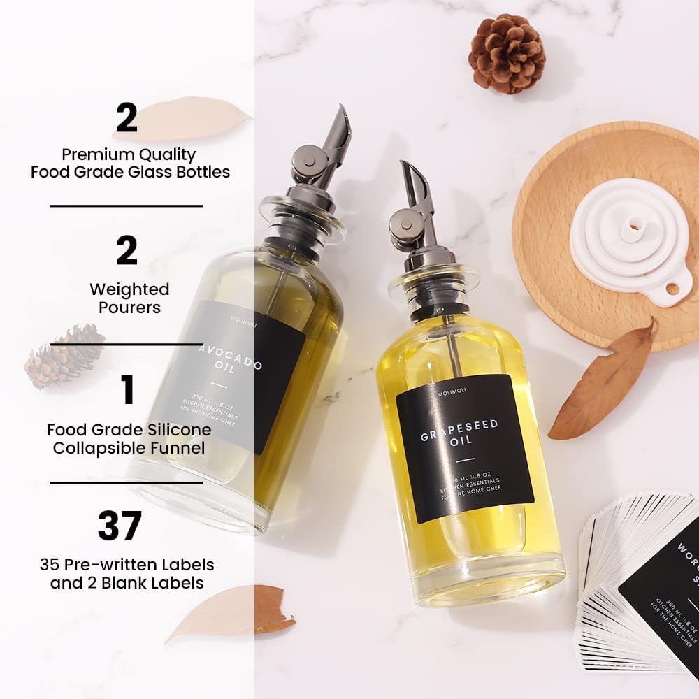 Molimoli - Premium Olive Oil Dispenser Bottles for Kitchen with Pourer - Oil and Vinegar Dispenser Set, Glass Dispenser for Kitchen, Dispenser Bottle of 350ml