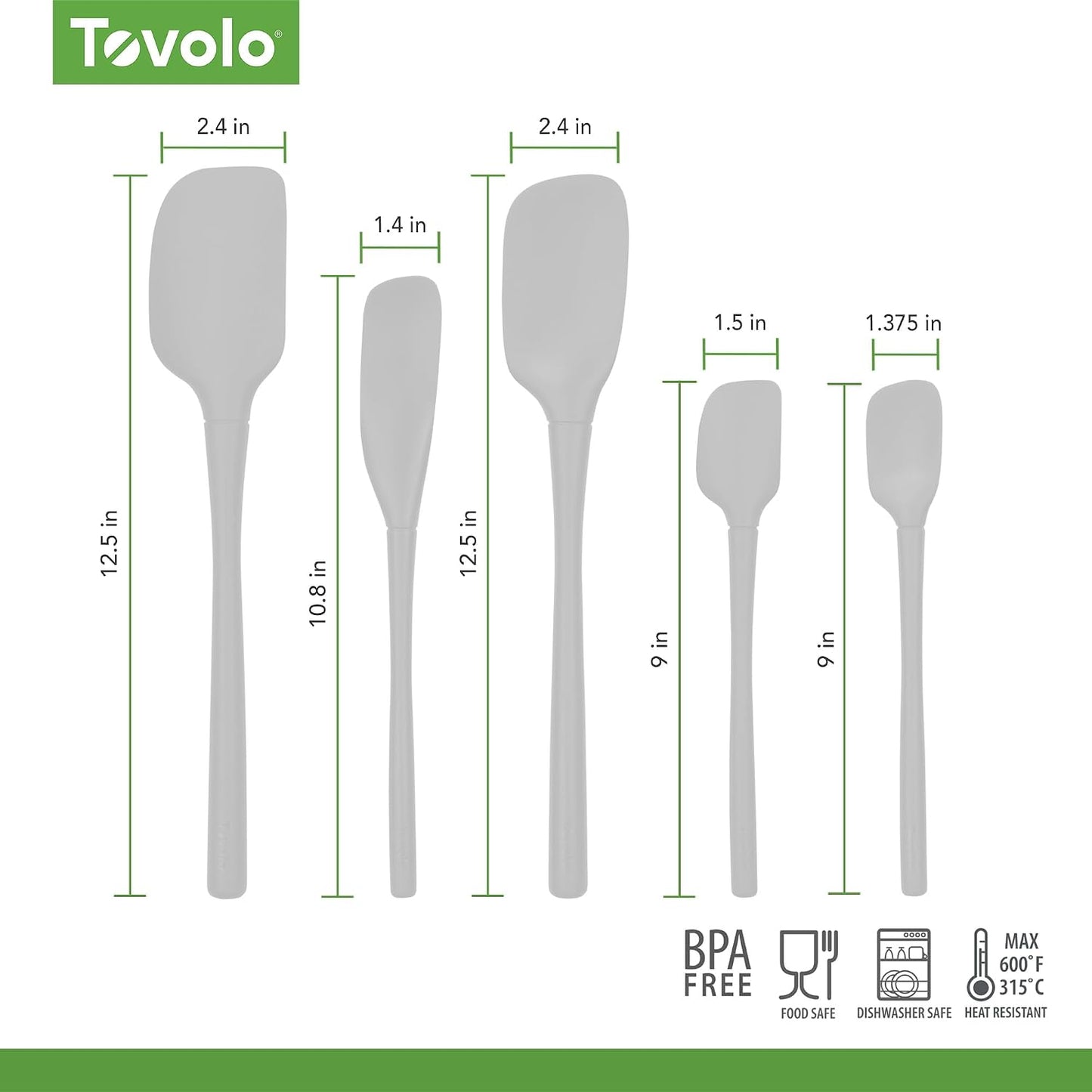 Tovolo Flex Core 5 Piece Silicone Spatula Set Heat Resistant All Silicone Utensils Include Non Stick Spatula Spoonula Jar Scraper, Dishwasher Safe BPA Free Spatulas for Baking Mixing, White