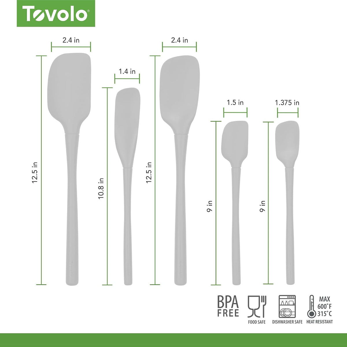 Tovolo Flex Core 5 Piece Silicone Spatula Set Heat Resistant All Silicone Utensils Include Non Stick Spatula Spoonula Jar Scraper, Dishwasher Safe BPA Free Spatulas for Baking Mixing, White