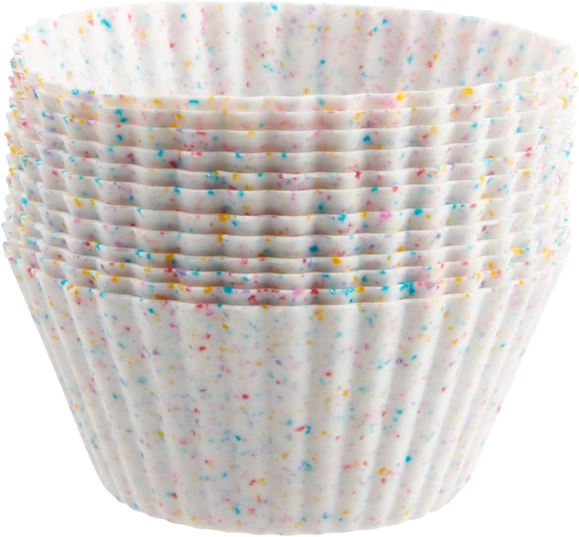 Reusable Silicone 12 Count Standard Muffin, Cupcake, or Snack Baking Cups Muffin Liners, Multi-Color Confetti, Dishwasher Safe