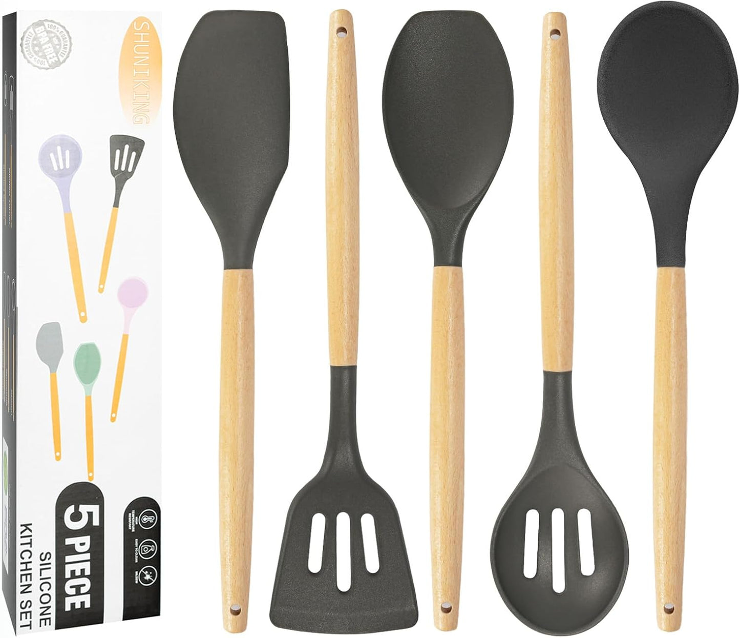 Non-Stick Silicone Cooking Utensils Set, 5 Pcs with Wooden Handle, Heat Resistant Silicone Kitchen Gadgets (Black)