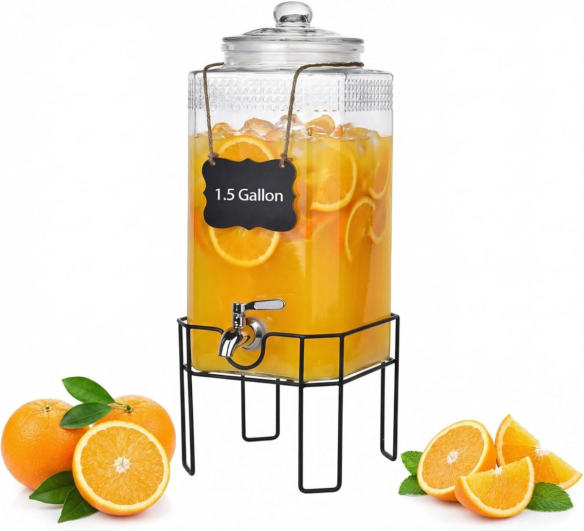 Drink Dispenser, Drink Dispensers for Parties, 1 Gallon Glass Beverage Dispenser with Stand and Glass Lid, 100% Leakproof Spigot, Ideal for Lemonade, Juice, Iced Tea, Laundry Detergent