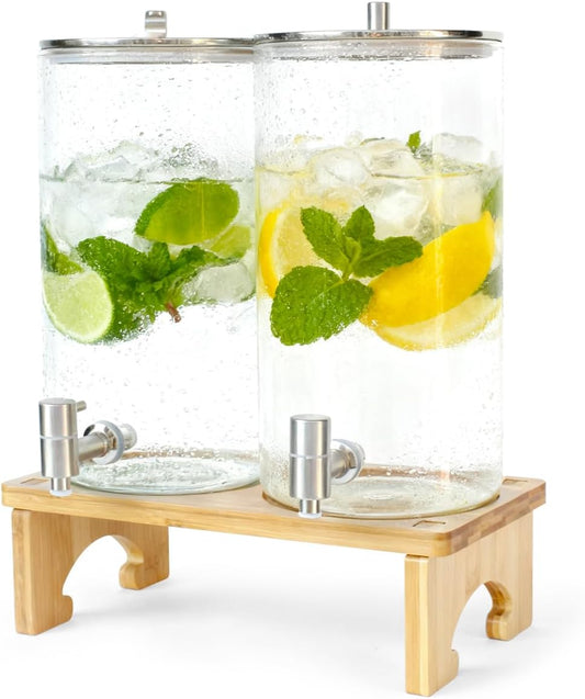 2 Pack 1.5 Gallon Drink dispenser with Stand，Glass Beverage Dispenser With Wood Stand, 18/8 Stainless Steel Spigot and Labels Large Water Drink Dispensers for Parties, Lemonade,Juice, Tea