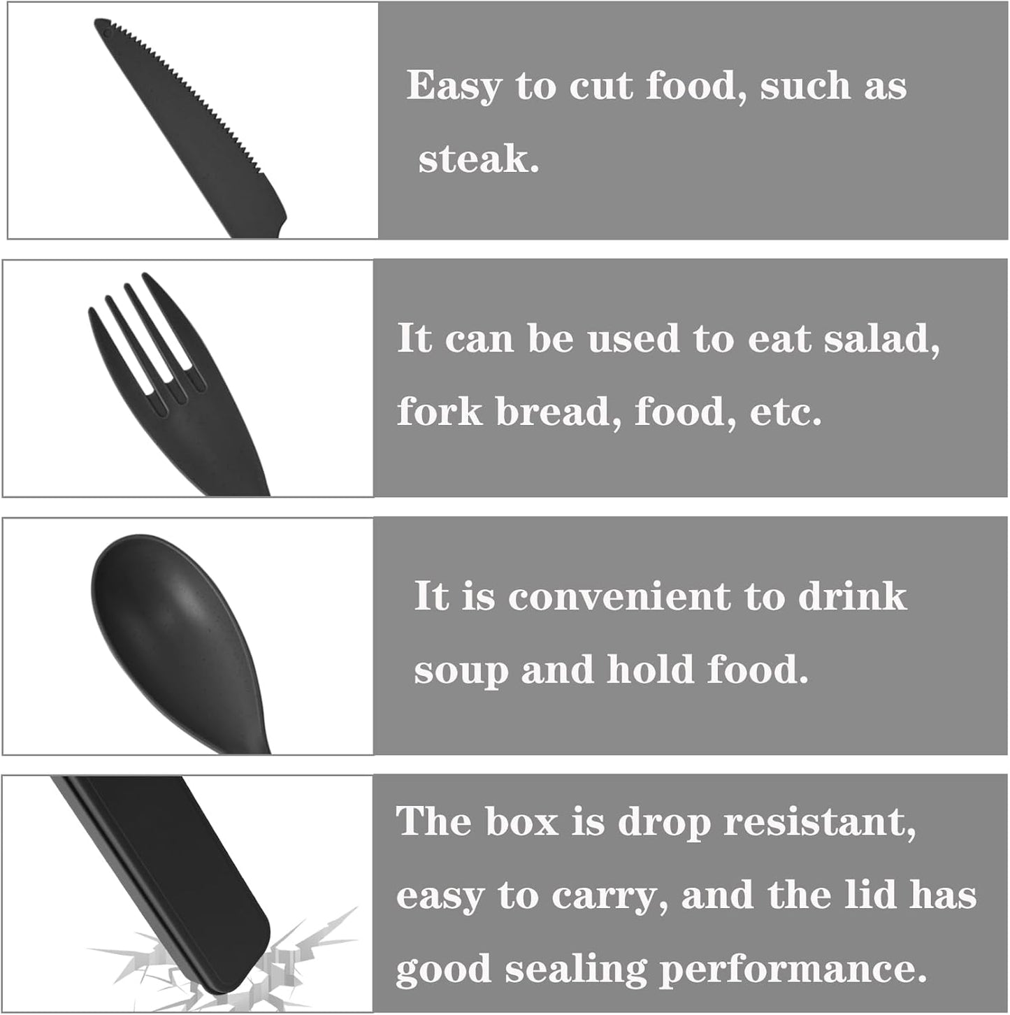 Large Reusable Utensils Set with Case, 2 Sets Portable Cutlery Set for Adults, Travel Fork Spoon Knife for Camping Work Picnic (Grey, Black)