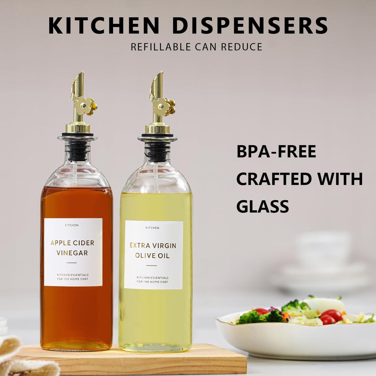 HOMCDALY Olive Oil Dispenser for Kitchen, 12oz Glass kitchen Dispenser Bottle, Gold Oil&Vinegar Cruet Set, Leakproof Oil Containers for Cooking| Set of 2 (12oz – Gold)