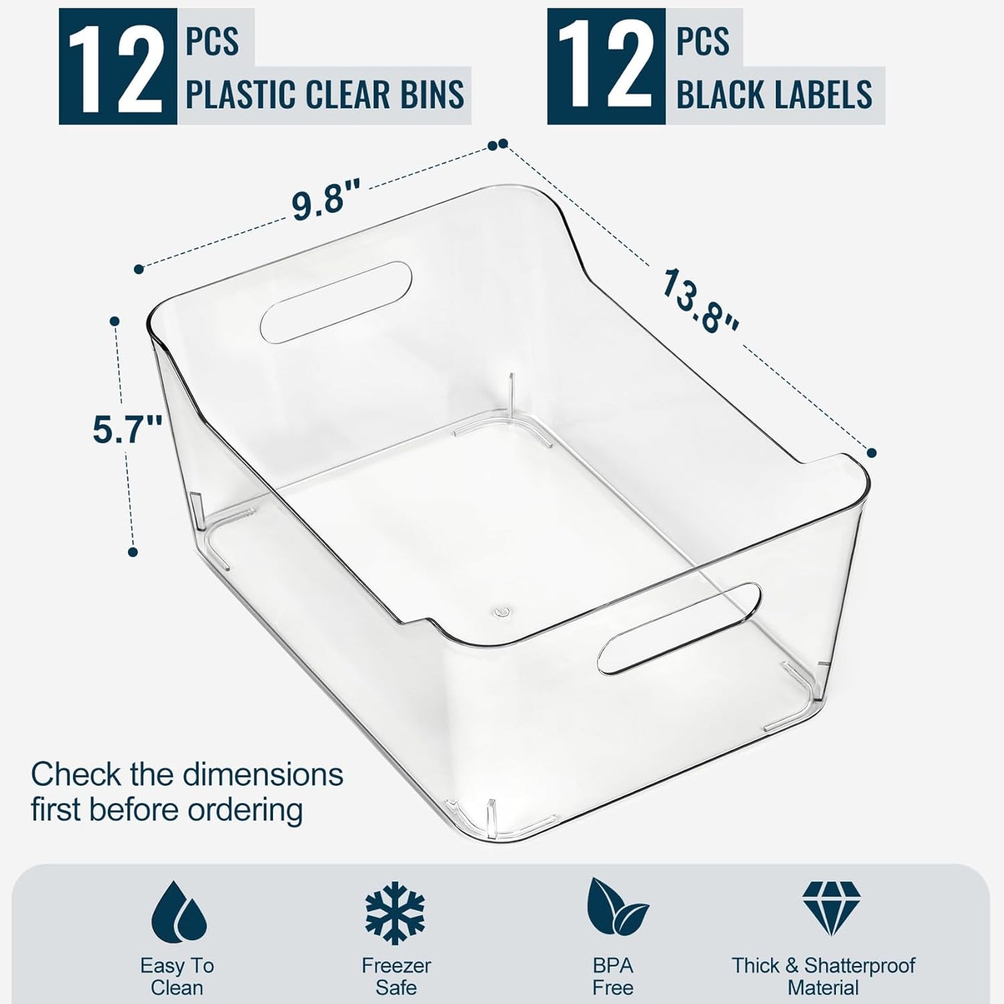 12 PACK Multi-Use Clear Plastic Storage Bins for Organizing w/ Labels - Home, Kitchen, Pantry, Bathroom, Office, Cabinet Shelf Organizer Bins - SOHO Collection, RV, Fridge Organization Containers -XL
