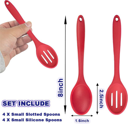 8 Pcs 8inch Heat Resistant Cooking Spoons for Nonstick Cookware Set -Ideal for Cooking, Baking, Mixing, Stirring Includes Slotted & Solid Spoons, Design for Nonstick Cookware (Black+Red+Green+Purple)
