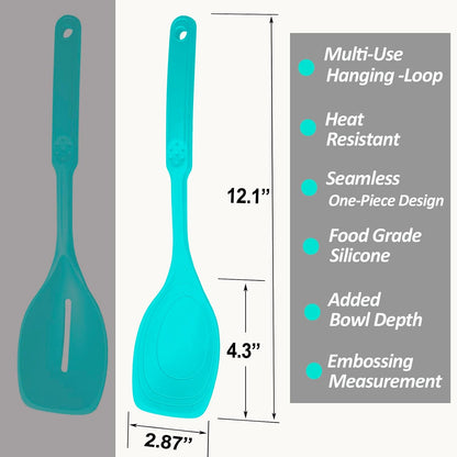 Large Silicone Cooking Spoon, Non-Stick Solid Spoon set with Deep Bolw and Measurement Mark for Mixing, Serving, Draining, Scooping, Scraping, Heat Resistant Kitchen Utensils, Black