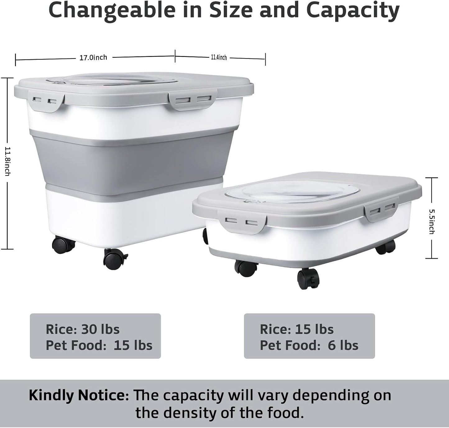 Komzon Rice Storage Containers, Collapsible 20 to 30Lbs Food Storage Bin Dispenser with Rolling Wheel and Clear Airtight Lid, BPA Free Flour, Sugar, Cereal and Dog Cat Pet food Containers