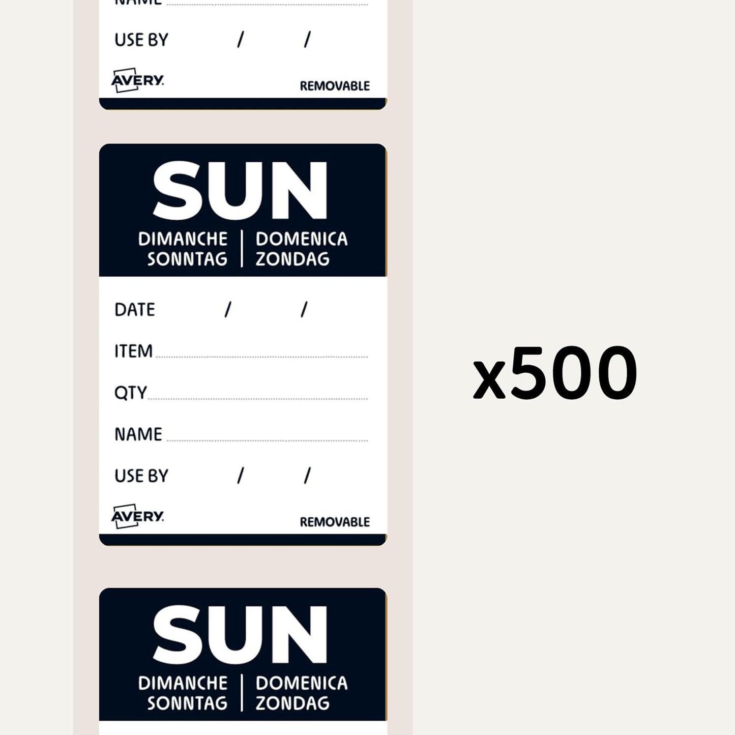Avery Removable, Hand Writable, Detailed Food Day Labels, Strong Adhesive, 40 x 56 mm, Sunday, Black, 500 Labels, Preprinted Design (DLDSUNREV-500)