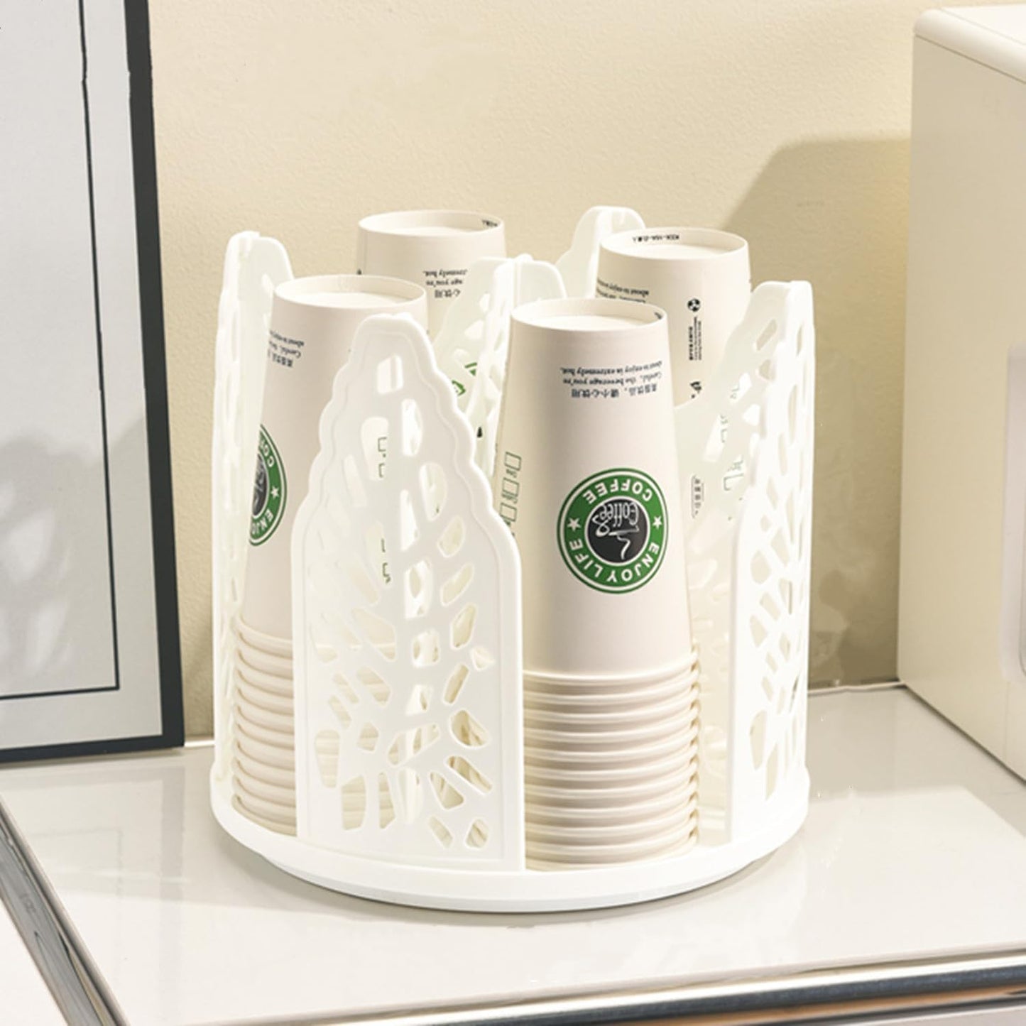Rotating Paper Cup Dispenser Holder with 4 Compartments, Disposable Coffee Cup Storage & Lid Holder for Countertops, Kitchen, Coffee Stations (White)