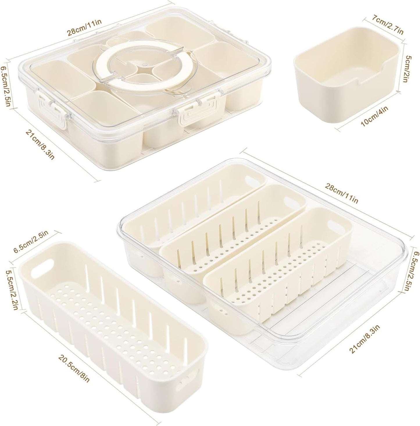 Divided Serving Tray with Lid & Handle| Multi-Purposed Snackle Box Bundle 8ct & 4ct Dividers 20pc Mini Forks| Snackle Box Container for Fruits Nuts Candy Charcuterie Platters Road Trips Picnics