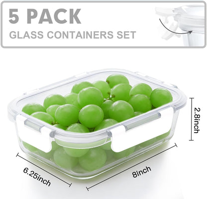 VERONES 5 Pack 36 OZ Glass Meal Prep Containers, Airtight Glass Lunch Containers Set, Glass Food Storage Containers with Lids,Exclusive of BPA, for Microwave, Oven, Freezer & Dishwasher Friendly,Grey