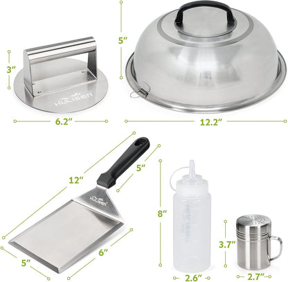 HULISEN Cheese Melting Dome & Smashed Burger Press, 6.2" Grill Press with 9" Basting Cover, Stainless Steel Burger Smasher, Griddle Accessories Kit for Flat Top Grill Cooking Indoor/Outdoor