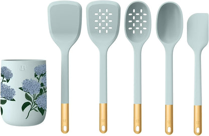 6 Piece Silicone Kitchen Utensil Set with Holder, Heat Resistant Cooking Tools, Nonstick Safe Spatula Spoon Turner Set with Ceramic Storage Crock