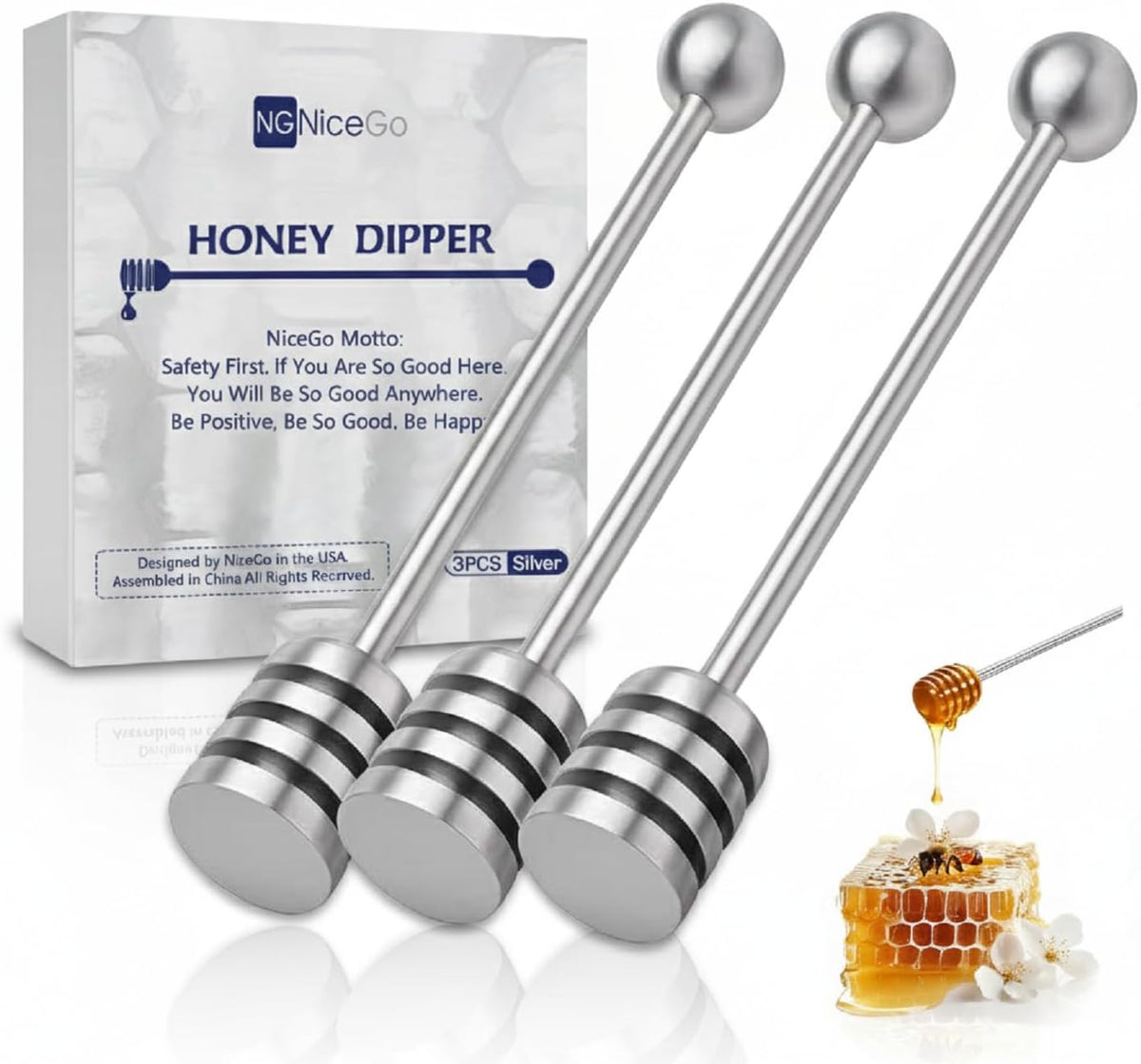 NiceGo Honey Dipper. Premium 304 Stainless Steel Honey Dipper Set, 6.3 Inch Kitchen Stirrer, 2 Pack Deep-Groove Honeycomb Sticks for Syrup, Molasses, and Sauces, Dishwasher Safe. 2 PCS in One Box.