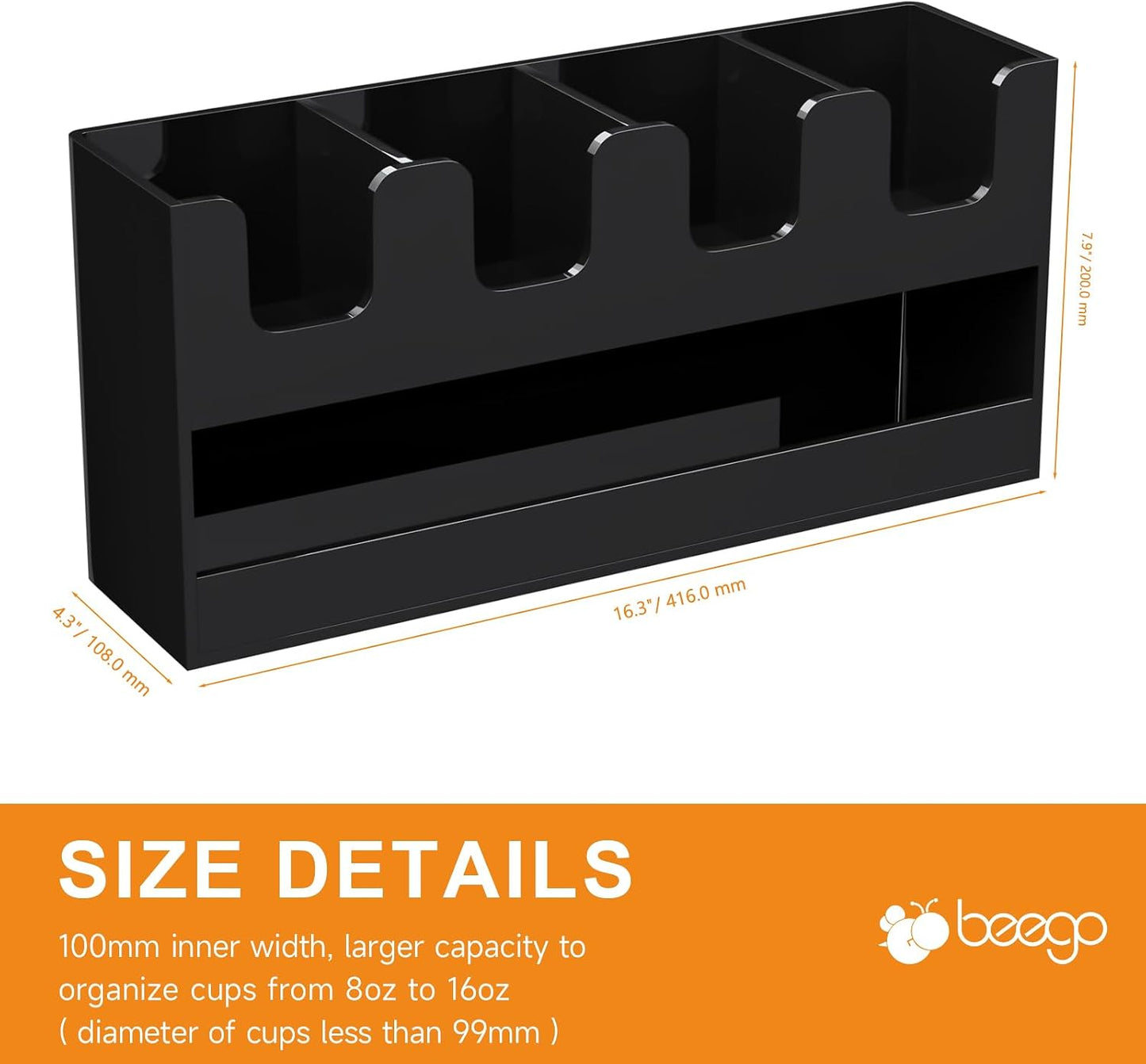 Beego 2-Compartment Cup Holder for Countertop - 2-Tier Clear Acrylic Cup Dispenser Coffee Station Paper Cup and Lid Organizer Condiment Storage for Restaurant Breakroom Kitchen Bar Accessories