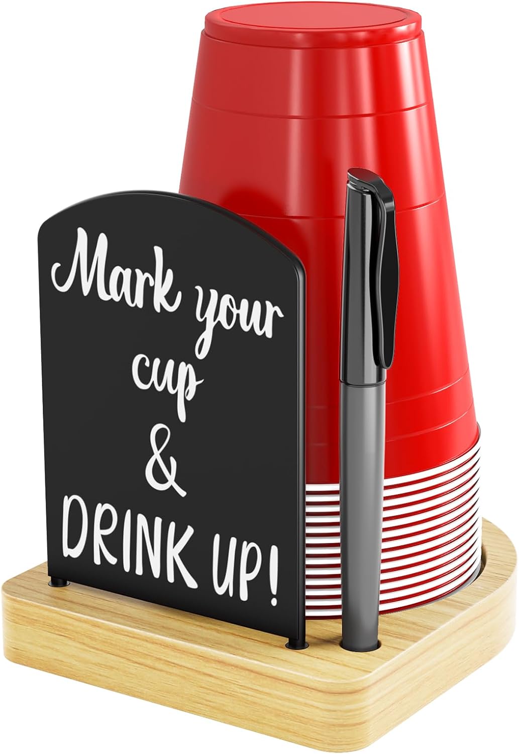 Decorative Solo Cup Holder with Marker Slot, Disposable Cup Dispenser Prevents Drink Mix-Ups – A Hosting Essential for Birthdays, BBQs, Gatherings & Housewarming, Brown