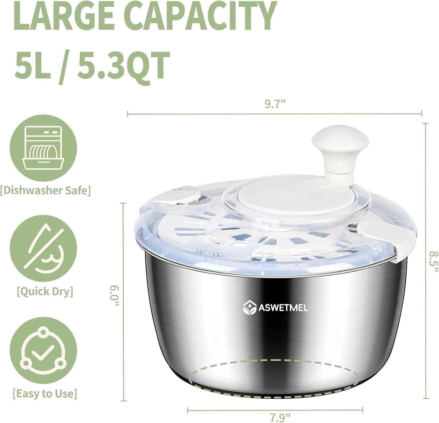 Stainless Steel Salad Spinner Large 5.3QT, ASWETMEL Stainless Salad Spinner with Non-Slip Base Lettuce Spinner, Salad Dryer Spinner for Vegetables & Fruits, Vegetable Washer, Beige