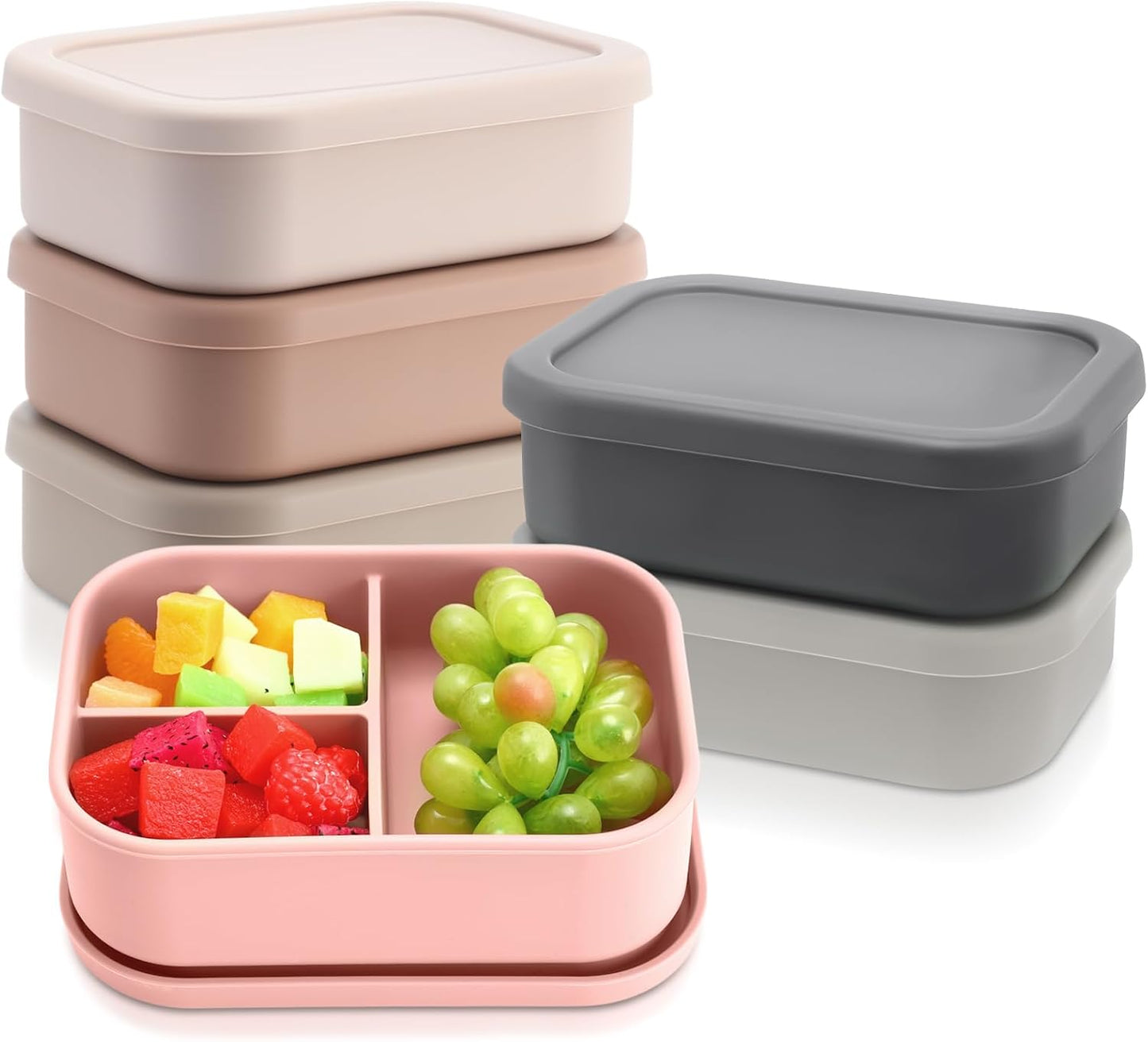 Honeydak 6 Pcs Silicone Bento Box Reusable Silicone Bento Lunch Container for Adults Microwave Dishwasher Freezer Safe 3 Compartment (Light Colors)