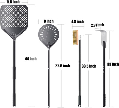 4 Piece Pizza Oven Kit Perforated Pizza Peel 12 Inch Pizza Turning Peel and Pizza Brush Ash Rake Wood Fired Commercial Oven Utensil for Home Restaurant