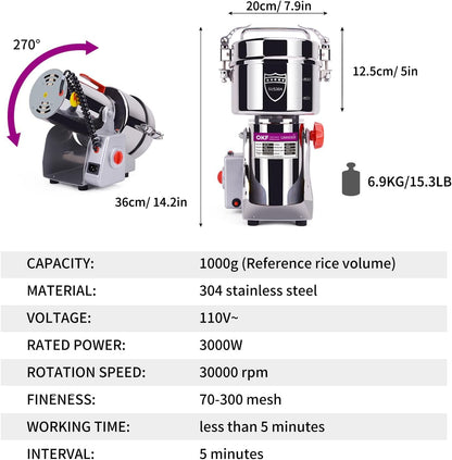 150g Grain Mill, 304 Stainless Steel Spice Grinder, 1500W High-speed Commercial Flour Mill, Superfine Flour Mill Grinder for Home, Grain Mill for Flour