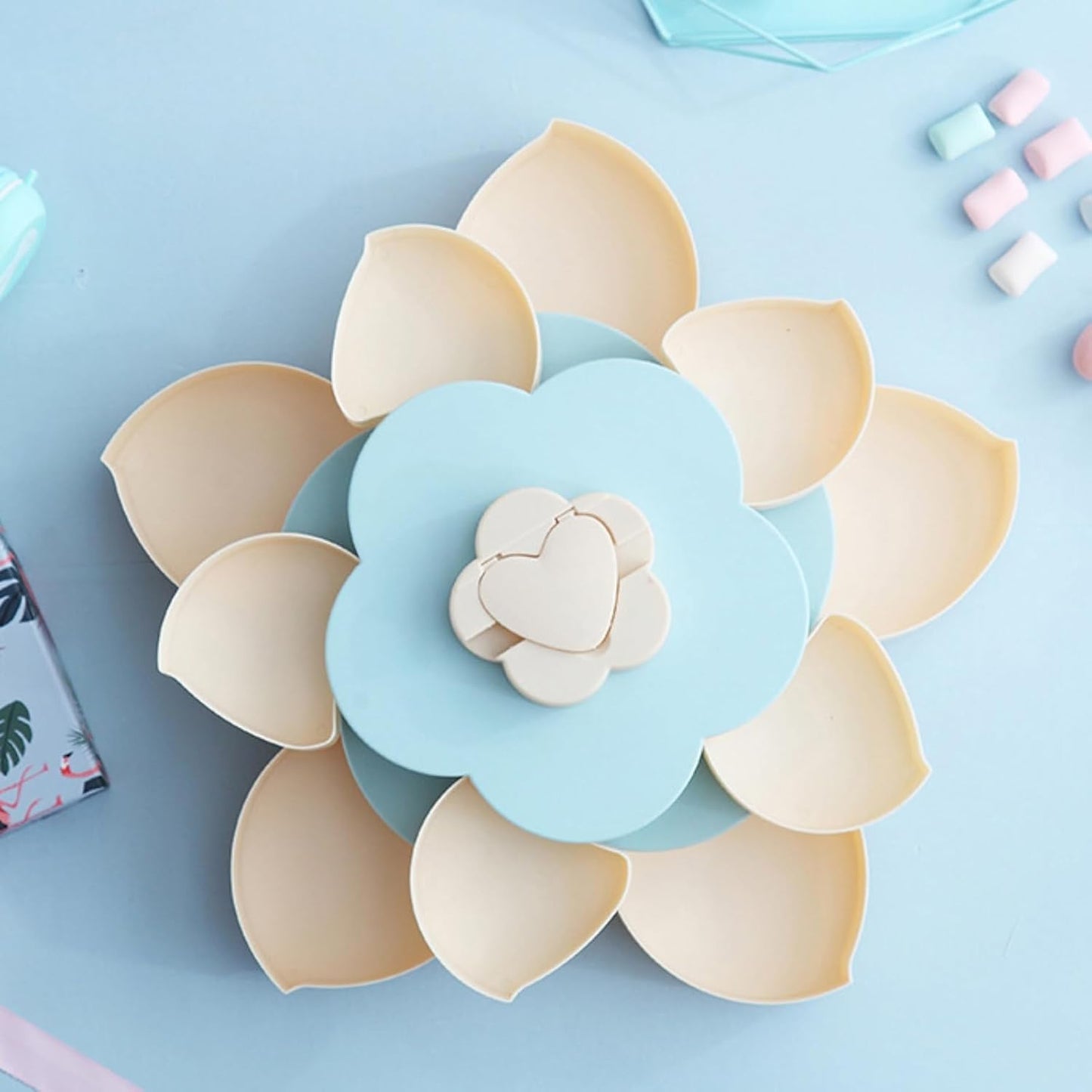 Ochine Rotatable Serving Tray and Platters, Divided Snack Serving Tray with Lid, Creative Flower Type Fruit Tray, Dried Fruit Food Storage Organizer, Double Deck Petal Shaped Platter Candy Box