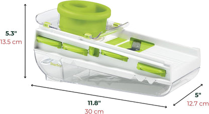 Starfrit Easy Mandoline Slicer, Dicer - 5-Blades - Straight & Crinkle Blades, Julienne, Grater & Shredder - Self-Feeding Pusher - Catch Base for Storage and Food Container