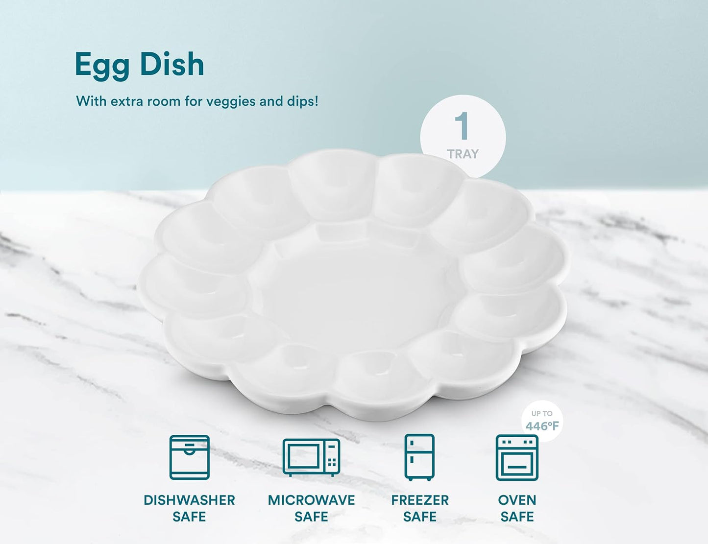Kook Ceramic Deviled Egg Tray & Platter, Easter Egg Holder, 10-Inch Plate, Holds 12 Halves, Dishwasher, Microwave, Freezer & Oven Safe, White