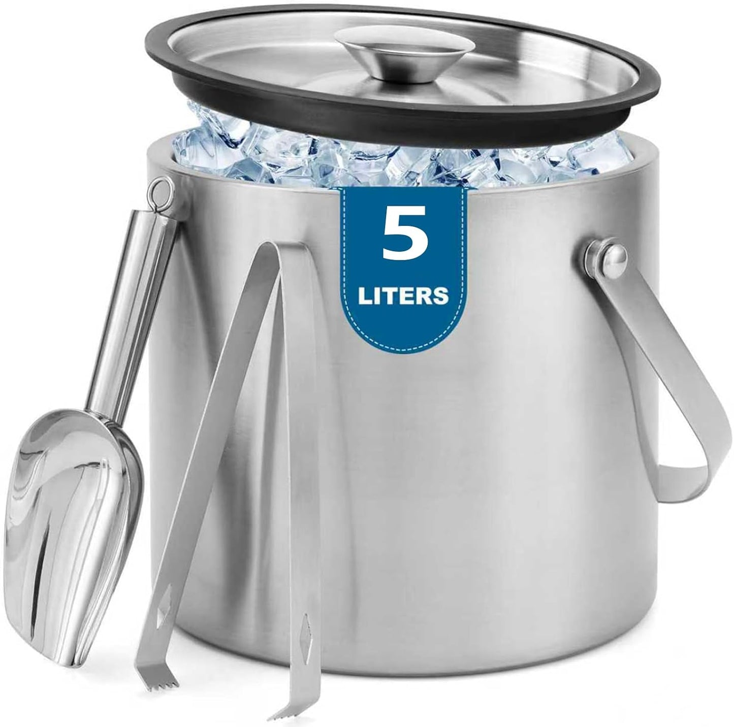4L Stainless Steel Ice Bucket With Lid, Insulated Double-Wall Ice Buckets with Scoop & Tongs for Parties, Portable Ice Container for Chilled Champagne Wine Drink, Ideal for Home/Activities/Bar Freezer