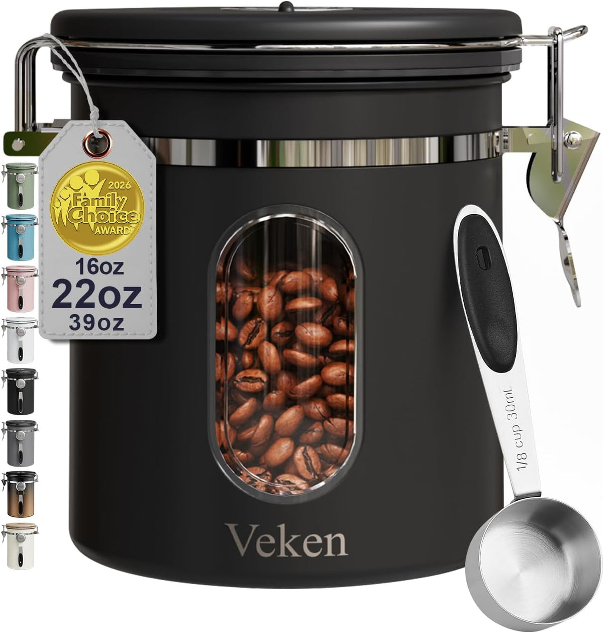 Veken Coffee Canister with Window, Family Choice Awards Winner, Airtight Stainless Steel Home Kitchen Food Storage Container with Lids for Grounds, Beans, Tea, Flour,Cereal,Sugar Jars,Scoop,16OZ,Black