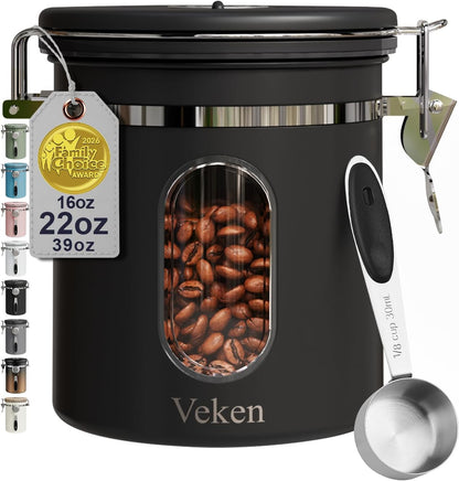 Veken Coffee Canister with Window, Family Choice Awards Winner, Airtight Stainless Steel Home Kitchen Food Storage Container with Lids for Grounds, Beans, Tea, Flour,Cereal,Sugar Jars,Scoop,16OZ,Black