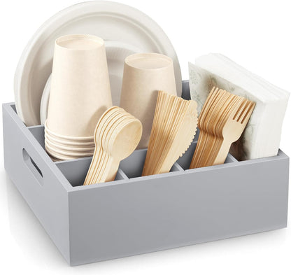Acacia Wood Utensil Holder for Party, 6-Compartment Paper Plate and Silverware Organizer with Handles, Rustic Utensil Caddy for Parties, Outdoor Gatherings, and Kitchen Countertop Organization