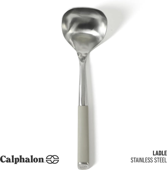 Calphalon Edge Soup Ladle, Stainless Steel Soup Ladle, Serving Ladle with Silicone Handle, Heat-Resistant Nonstick-Safe Kitchen Ladle for Soups, Sauces & Stews, Taupe