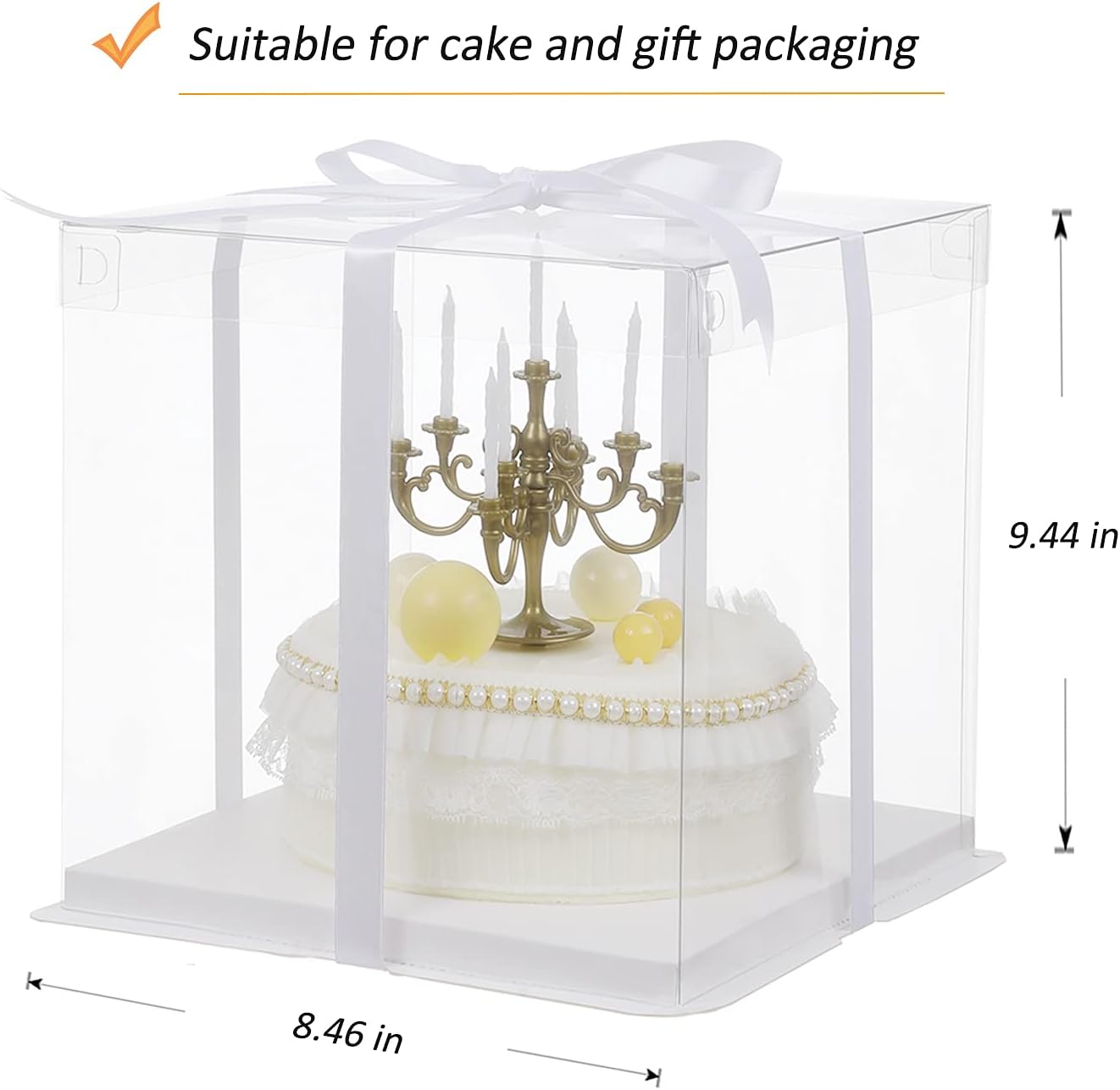 XININSUN 2Pcs Large Cake PET Clear Box, 10" X 10" X 9" with ribbon and pre-folded lid, for 8" cake packing carry, baking cookie display, Carry Tall Layer Gift, Festive Gift Box -White
