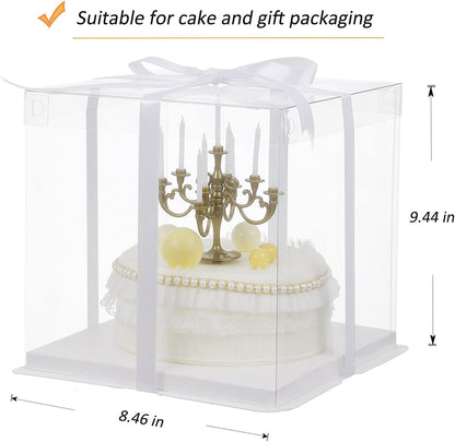 XININSUN 2Pcs Large Cake PET Clear Box, 10" X 10" X 9" with ribbon and pre-folded lid, for 8" cake packing carry, baking cookie display, Carry Tall Layer Gift, Festive Gift Box -White