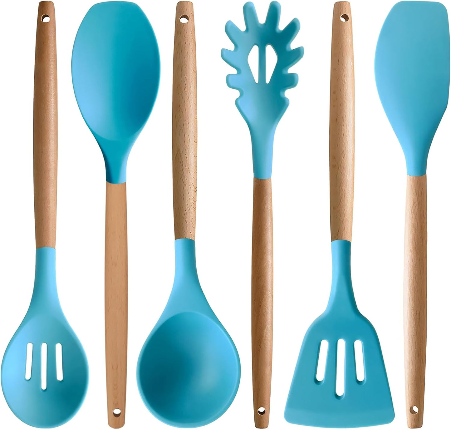 Kitchen Cooking Utensils Set, 6Pcs Silicone Kitchen Utensils Set Spatula Spoon Soup Ladle Turner, Heat Resistant Wooden Handle Silicone Cooking Gadgets for Nonstick Cookware & Baking BPA FREE