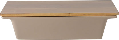 Gibson Elite 3-Section Stoneware Serving Tray with Acacia Lid – Taupe Rectangular Chip & Dip, Condiment, Snack and Appetizer Server for Parties & Entertaining