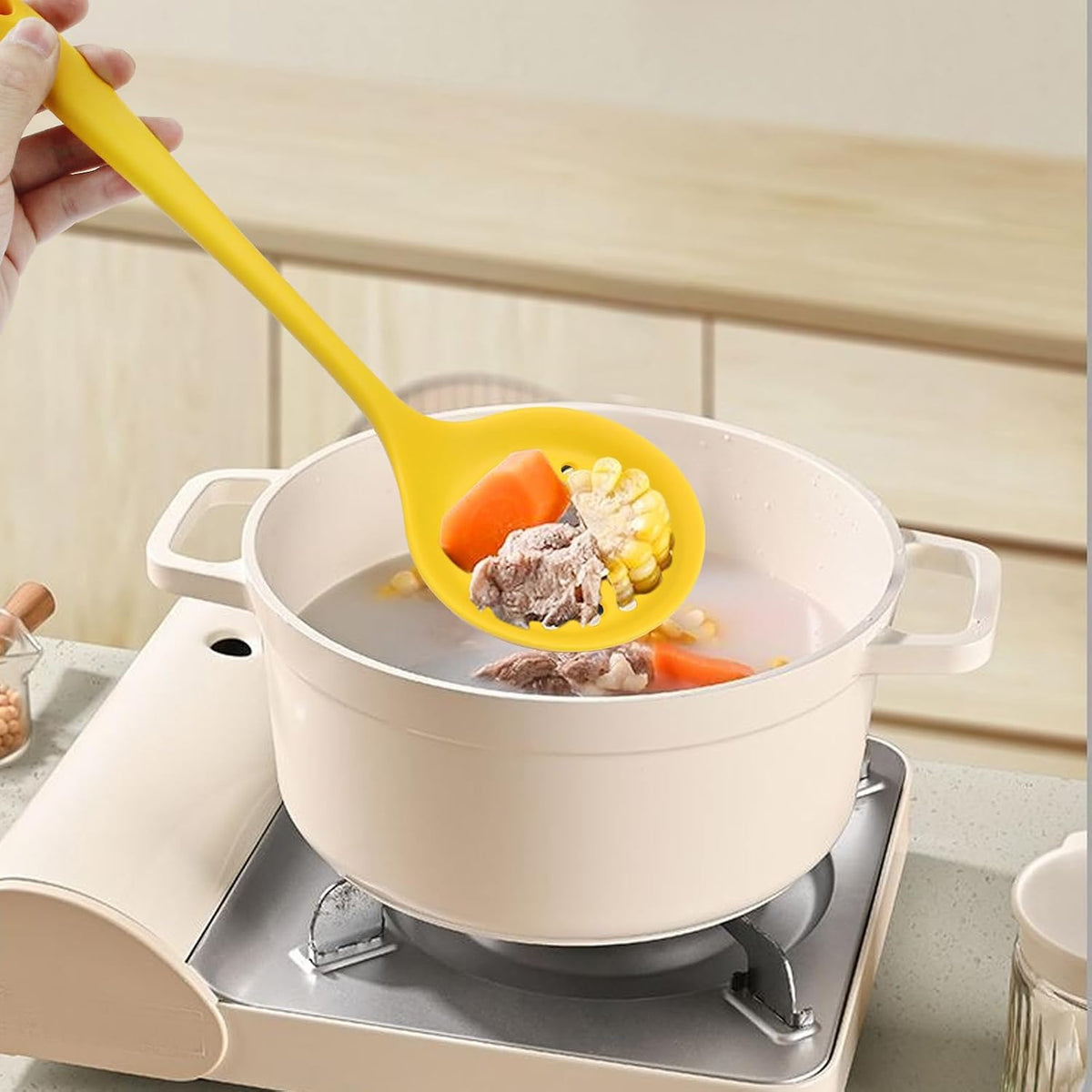 Hordion Silicone Slotted Spoon, Yellow Strainer Spoon Non Stick Skimmer