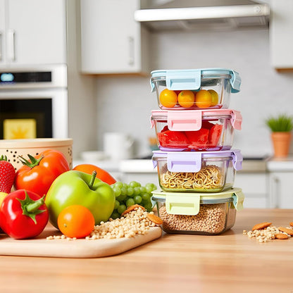 16oz Square Glass Food Storage Containers With Lids, 2 Cup Square Glass Food Containers With Lids, BPA free Small Meal Prep Bowls for leftovers, Dishwasher, Freezer Safe (8Pack)