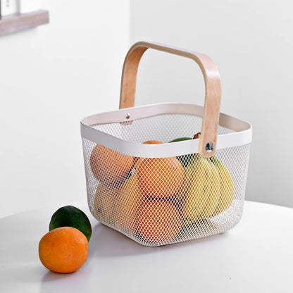 Mesh Steel Storage Organizer Basket Fruit Basket Bin with Wood Handle Ideal for Kitchen Bathroom Picnic Baskets Pantry Cabinets Storage Home Decor (White)