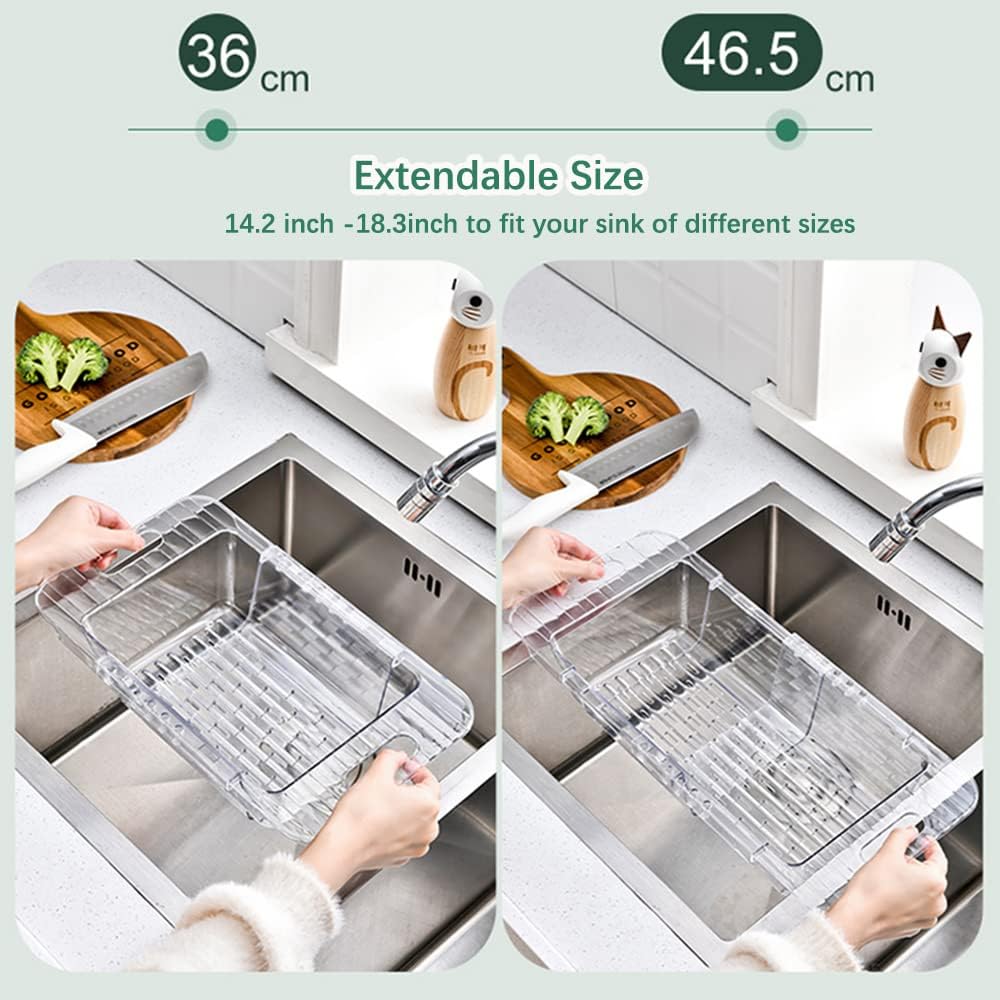 Over the Sink Colander Strainer Basket, Expandable Multifunctional Plastic Colander, Adjustable Drainer Basket, Wash Vegetables and Fruits, Drain Cooked Pasta and Dry Dishes - Green