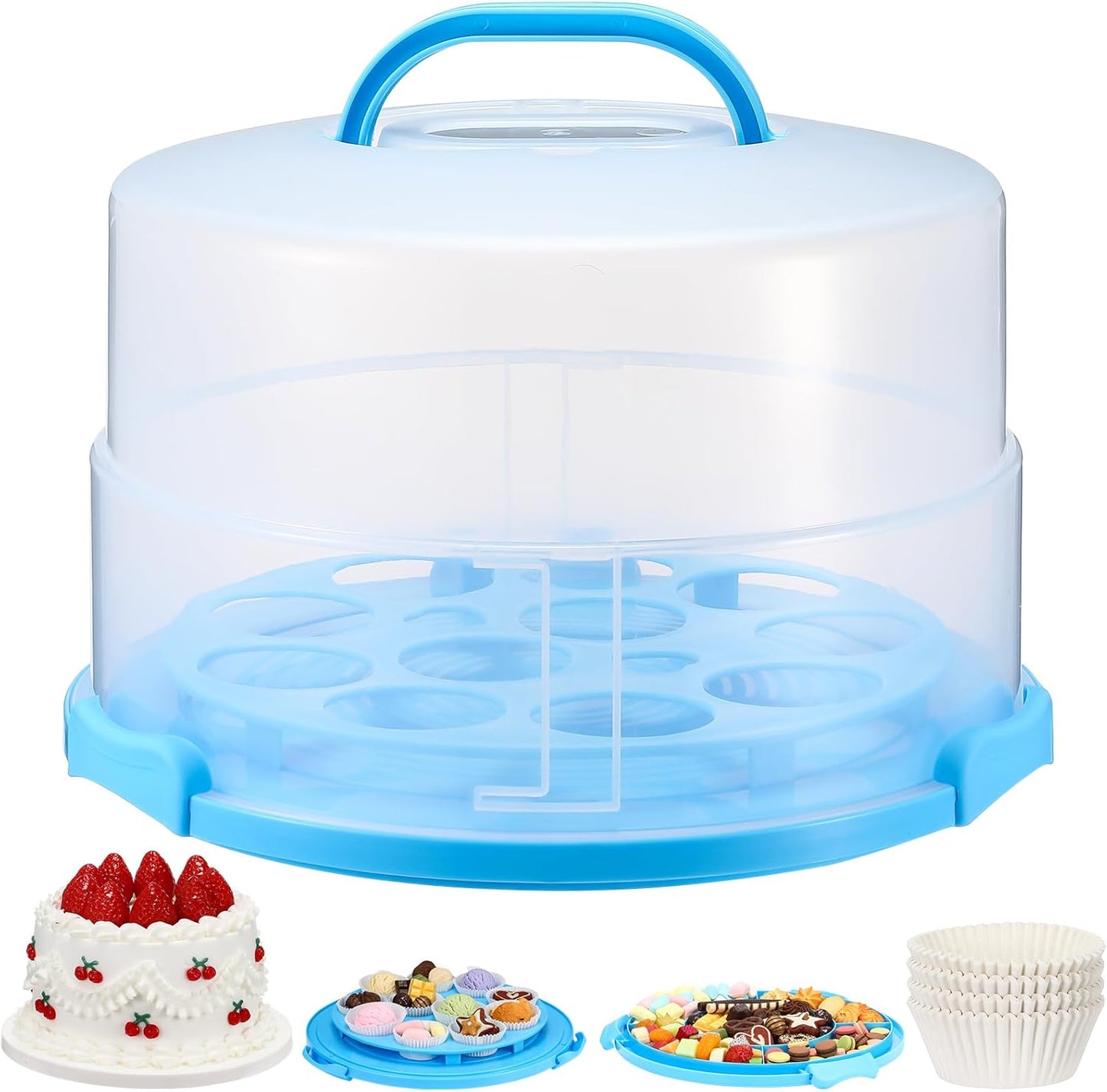 Teenyyou 12 Inch Large Cake Carrier with Lid and Handle for 12" Round 7" High Cake Adjustable Plastic Pies Carrier Portable Cupcakes Transport Container for Cookies Pizza and More(Pink)
