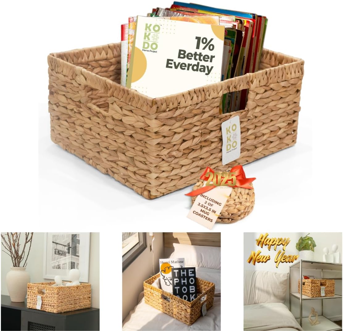 KOKODO Wicker Storage Basket Set of 2, Rectangular Baskets for Shelves with Handles & Chalkboard Labels, Handwoven Water Hyacinth Baskets for Organizing Pantry, Closet & Home.