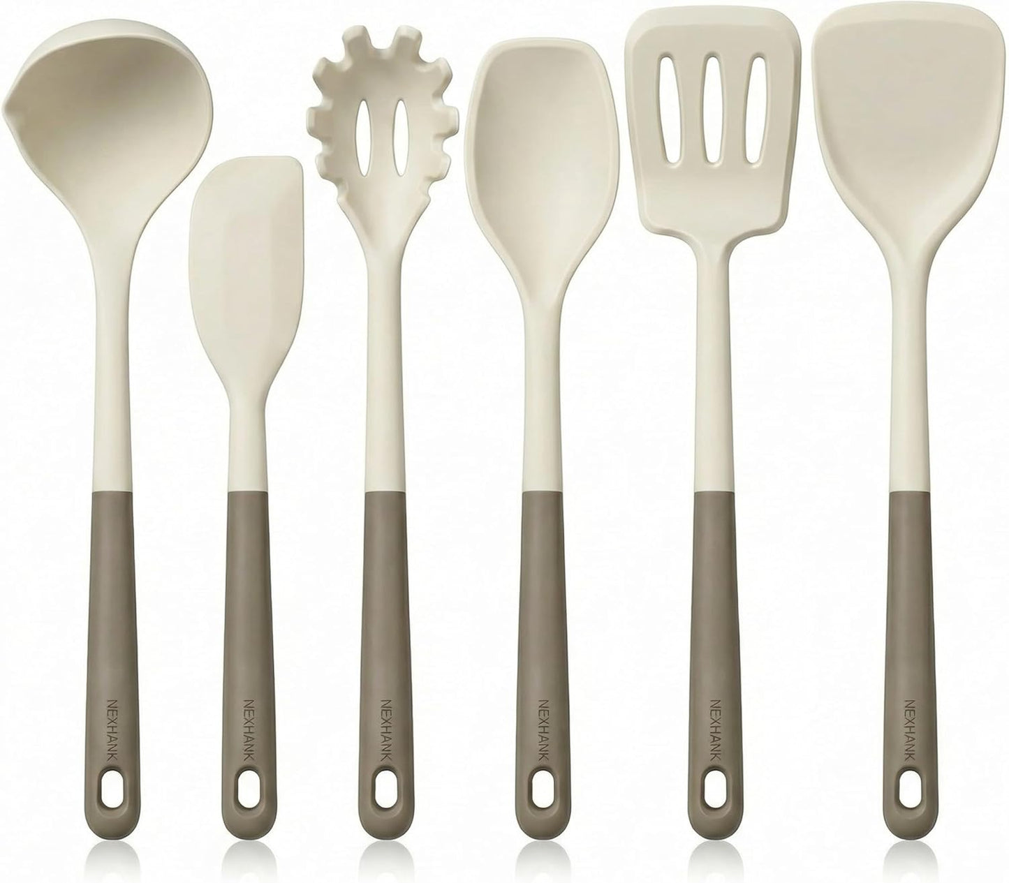 Silicone Kitchen Utensils Set, 6-Piece Premium Food-Grade Silicone Cooking Utensils with Reinforced Core, 500°F Heat Resistant, BPA-Free, Dishwasher Safe Kitchen Tools, Cream White & Mocha