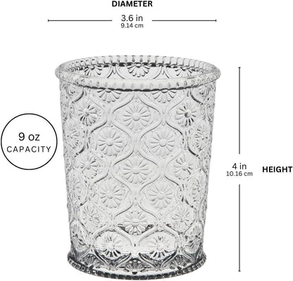 Cameo Clear Vintage Drinking Glasses Set of 4 Vintage Glassware with Engraved Flower Cup 9 oz Lead-Free Old Fashioned Cocktail Glasses Dishwasher Safe Drink Tumbler Whiskey Glasses Cups