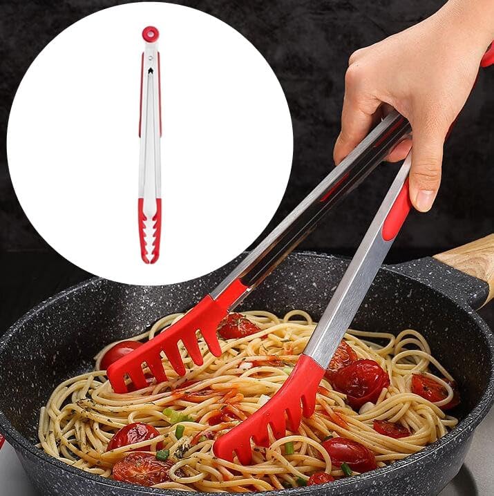 Large 16" Red Stainless Steel Pasta Tong with Silicone Tips, 16 inch Spaghetti Tongs Pasta Server Utensil for Noodles Cooking Baking Food BBQ Kitchen Tools
